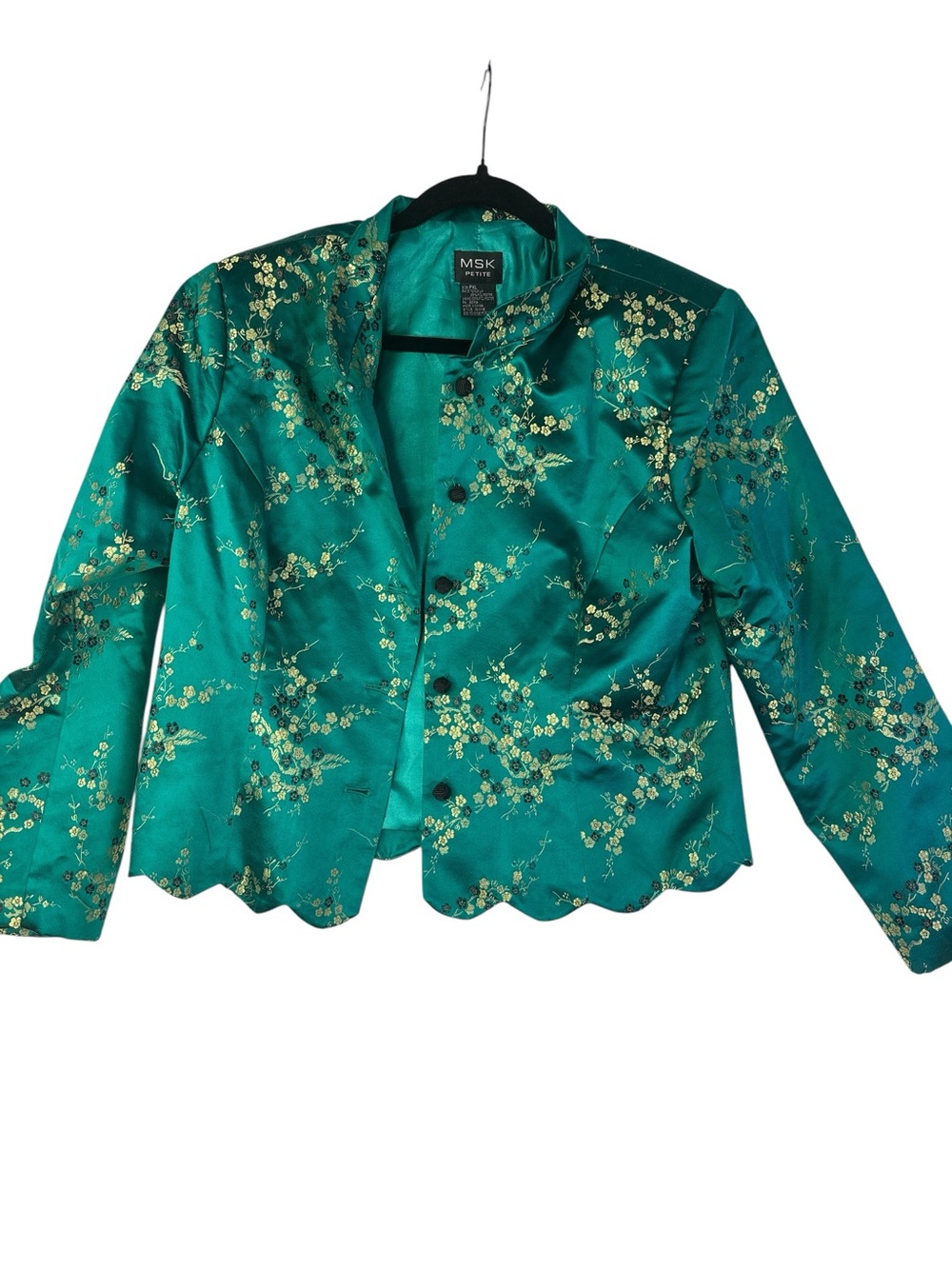 MSK Teal Floral Satin Scalloped Hem Jacket